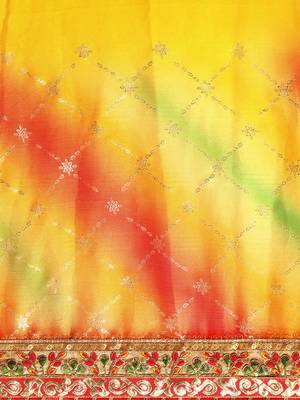 Yellow bandhani saree with lace border and unstitched blouse piece 5