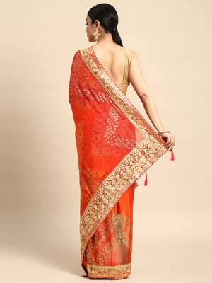 Red bandhani saree with lace border and unstitched blouse piece 2