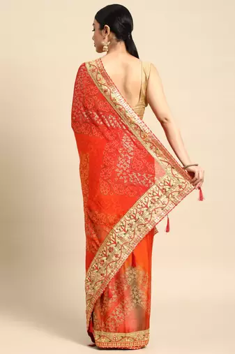 Red bandhani saree with lace border and unstitched blouse piece