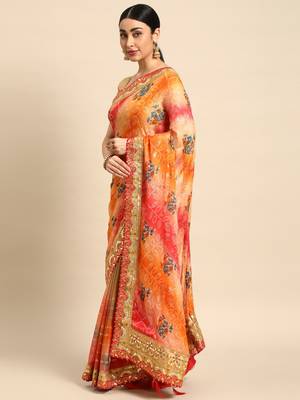 bandhani saree with lace border and unstitched blouse piece 1