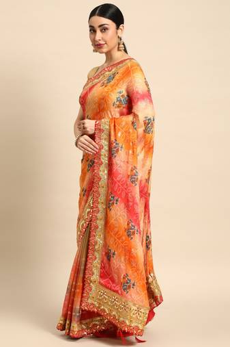 bandhani saree with lace border and unstitched blouse piece