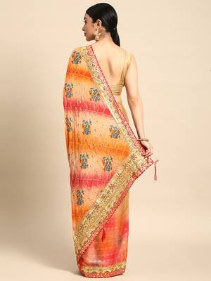 bandhani saree with lace border and unstitched blouse piece 2