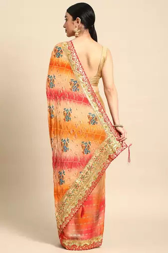 bandhani saree with lace border and unstitched blouse piece