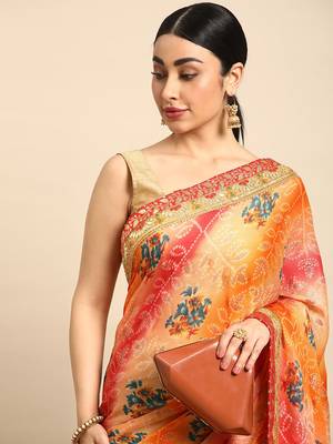 bandhani saree with lace border and unstitched blouse piece 3