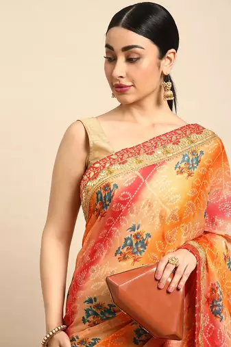 bandhani saree with lace border and unstitched blouse piece
