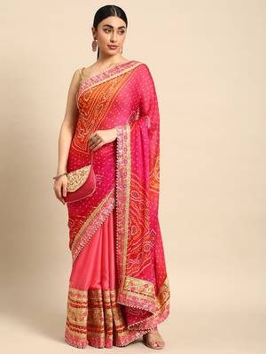 Peach bandhani saree with lace border and unstitched blouse piece 1