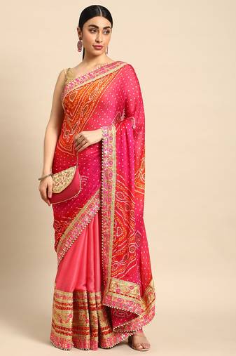 Peach bandhani saree with lace border and unstitched blouse piece