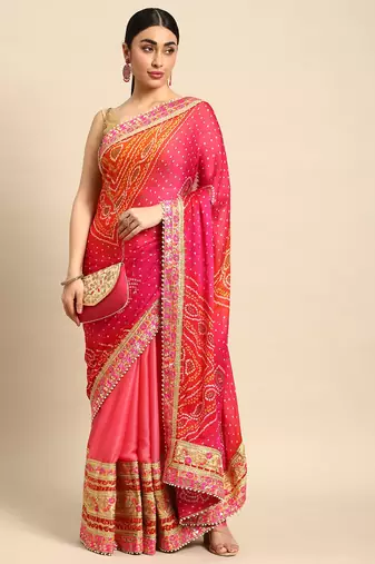 Peach bandhani saree with lace border and unstitched blouse piece