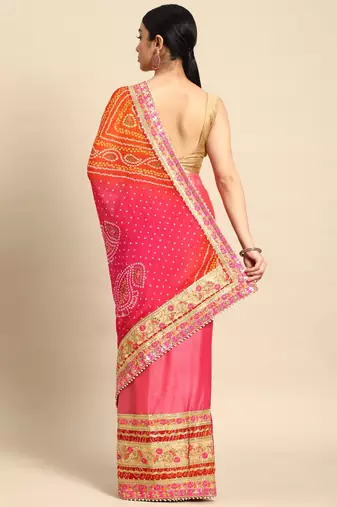 Peach bandhani saree with lace border and unstitched blouse piece