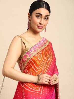 Peach bandhani saree with lace border and unstitched blouse piece 3