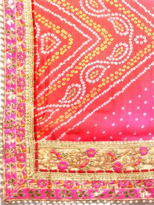 Peach bandhani saree with lace border and unstitched blouse piece 4
