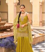 Lemon green chinon silk full stitched gharara suits