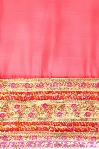 Peach bandhani saree with lace border and unstitched blouse piece