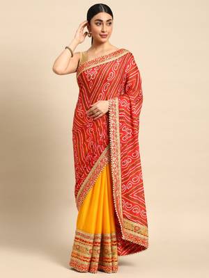 Yellow bandhani saree with lace border and unstitched blouse piece 1