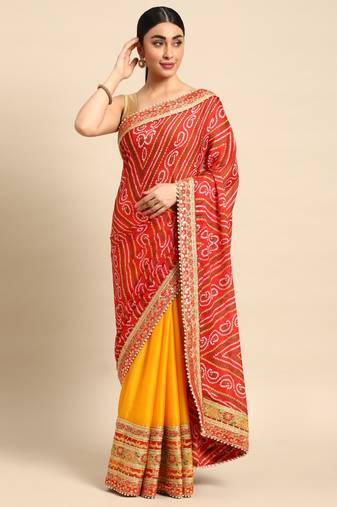 Yellow bandhani saree with lace border and unstitched blouse piece