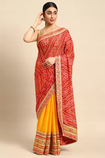 Yellow bandhani saree with lace border and unstitched blouse piece