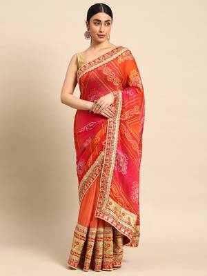 Peach bandhani saree with lace border and unstitched blouse piece 1