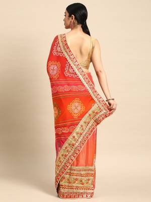 Peach bandhani saree with lace border and unstitched blouse piece 2