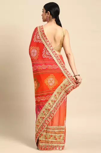 Peach bandhani saree with lace border and unstitched blouse piece