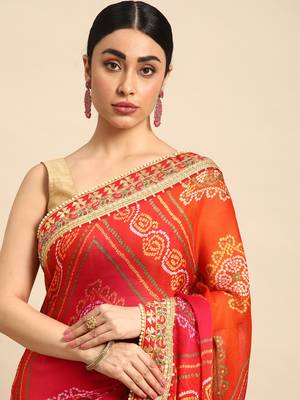 Peach bandhani saree with lace border and unstitched blouse piece 3