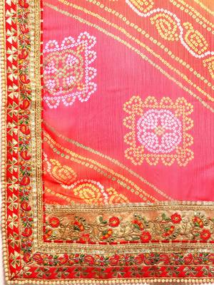 Peach bandhani saree with lace border and unstitched blouse piece 4