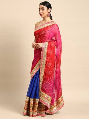 Blue bandhani saree with lace border and unstitched blouse piece 1
