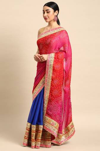 Blue bandhani saree with lace border and unstitched blouse piece