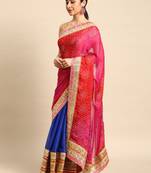 Blue bandhani saree with lace border and unstitched blouse piece