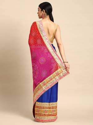 Blue bandhani saree with lace border and unstitched blouse piece 2
