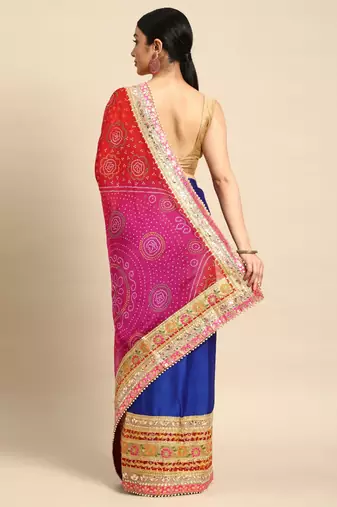 Blue bandhani saree with lace border and unstitched blouse piece