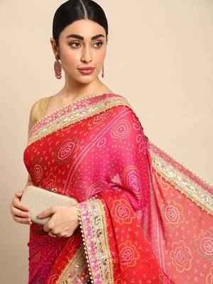 Blue bandhani saree with lace border and unstitched blouse piece 3