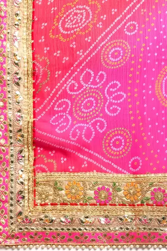 Blue bandhani saree with lace border and unstitched blouse piece