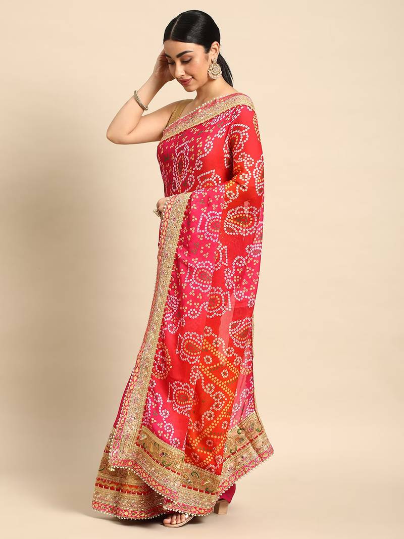 Pink bandhani saree with lace border and unstitched blouse piece