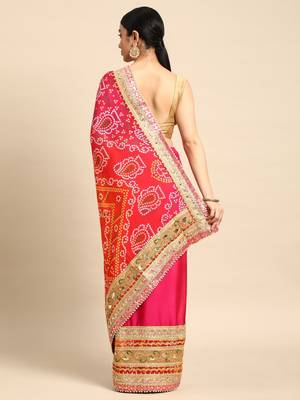 Pink bandhani saree with lace border and unstitched blouse piece 2
