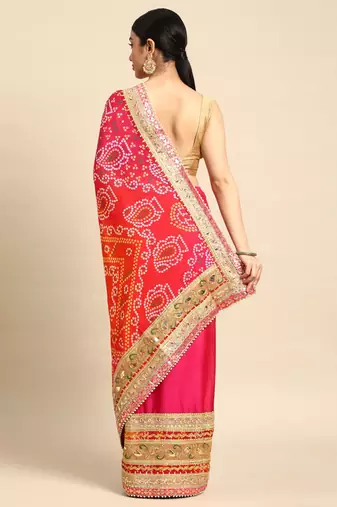 Pink bandhani saree with lace border and unstitched blouse piece