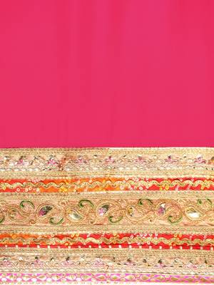 Pink bandhani saree with lace border and unstitched blouse piece 5