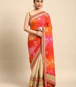 Beige bandhani saree with lace border and unstitched blouse piece