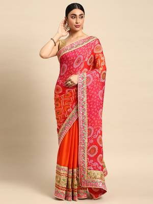 Orange bandhani saree with lace border and unstitched blouse piece 1