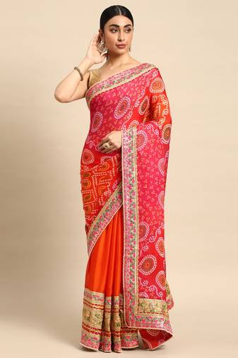 Orange bandhani saree with lace border and unstitched blouse piece