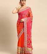 Orange bandhani saree with lace border and unstitched blouse piece