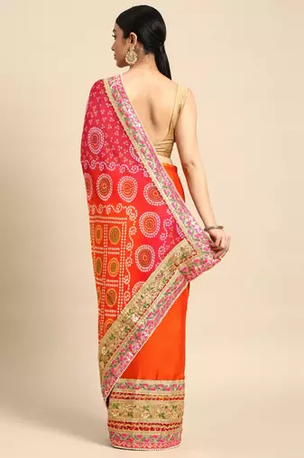 Orange bandhani saree with lace border and unstitched blouse piece