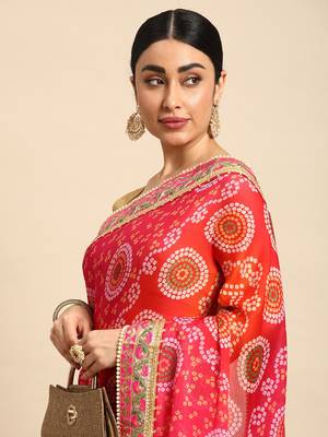 Orange bandhani saree with lace border and unstitched blouse piece 3