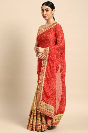 Beige bandhani saree with lace border and unstitched blouse piece