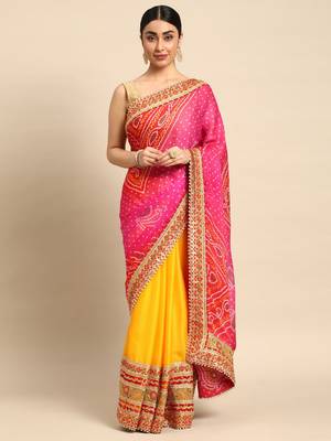 Yellow bandhani saree with lace border and unstitched blouse piece 1