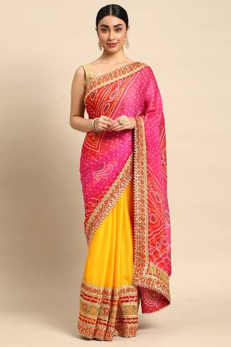 Yellow bandhani saree with lace border and unstitched blouse piece