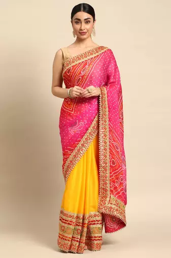 Yellow bandhani saree with lace border and unstitched blouse piece