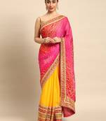 Yellow bandhani saree with lace border and unstitched blouse piece