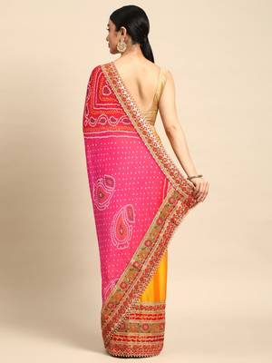 Yellow bandhani saree with lace border and unstitched blouse piece 2