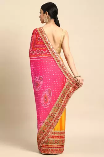 Yellow bandhani saree with lace border and unstitched blouse piece