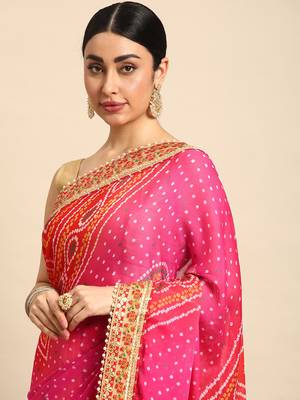 Yellow bandhani saree with lace border and unstitched blouse piece 3